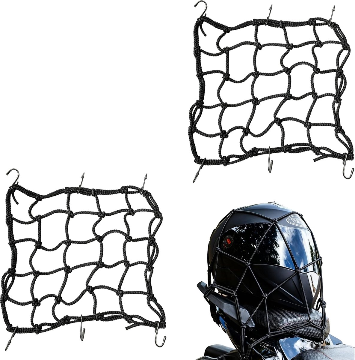 SnelShoppen - Pack van 2 Motorfiets Bagagenet, Stretchbaar Veiligheidsnet met Haakjes voor Motor, E-Bike, Trike, Fiets, 40x40 cm, Robuust en Elastisch