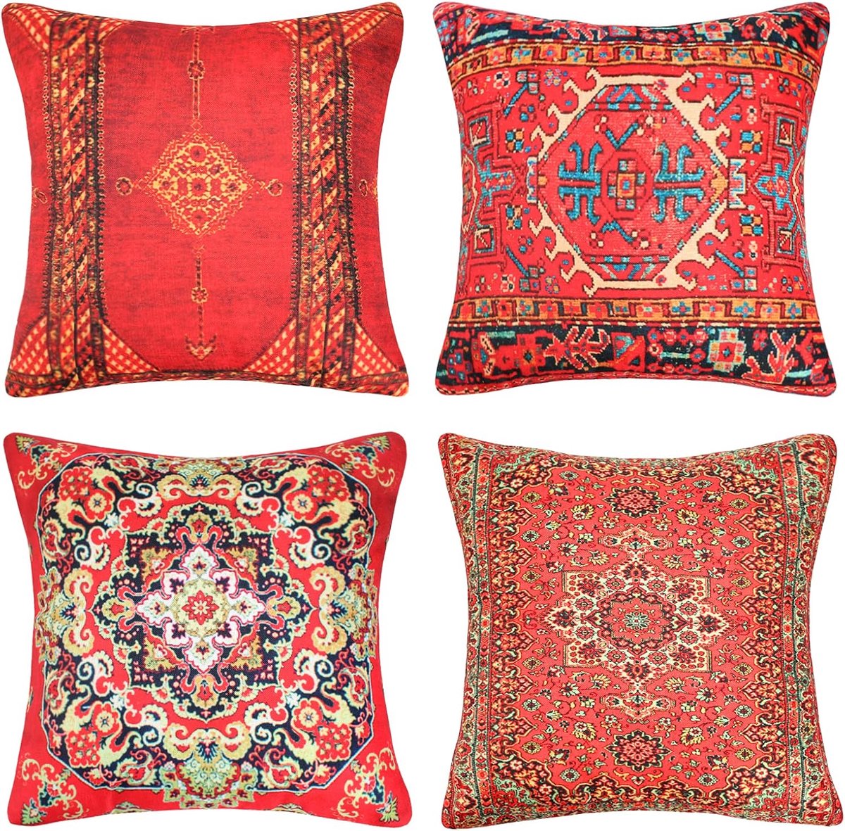 SnelShoppen - Set van 4 Decoratieve Kussenslopen 45x45 cm Antieke Oosterse Tapijt Motief Linnen Vierkante Kussenslopen Etnische Woondecoratie Binnen B