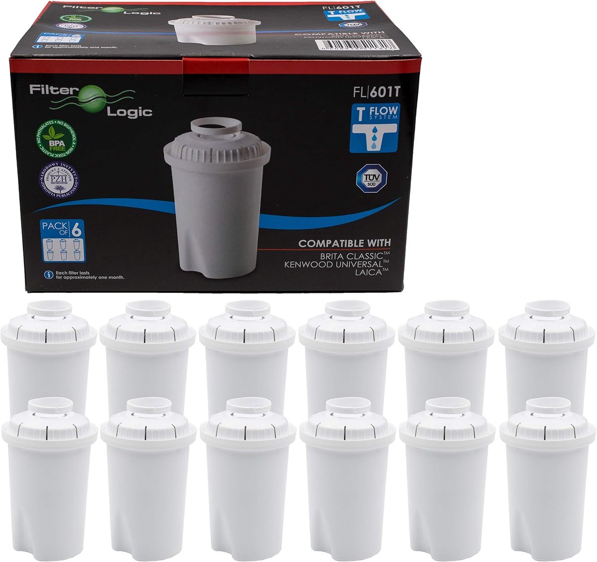 SnelShoppen - FilterLogic FL601T Waterfilterpatronen, 12 Stuks, Compatibel met Brita Classic Waterfilterkannen en Tafelwaterfilters, Hoogwaardige Wate