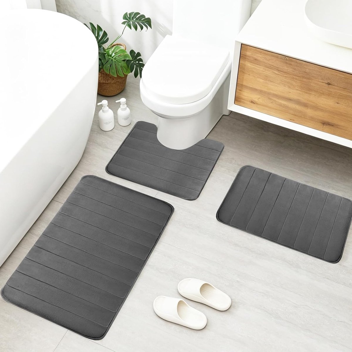 SnelShoppen - Badkamermatset 3-delig van traagschuim, zachte badmat en U-vormige wc-mat met uitsparing, antislip en zuignap, wasbare badmatset donkerg