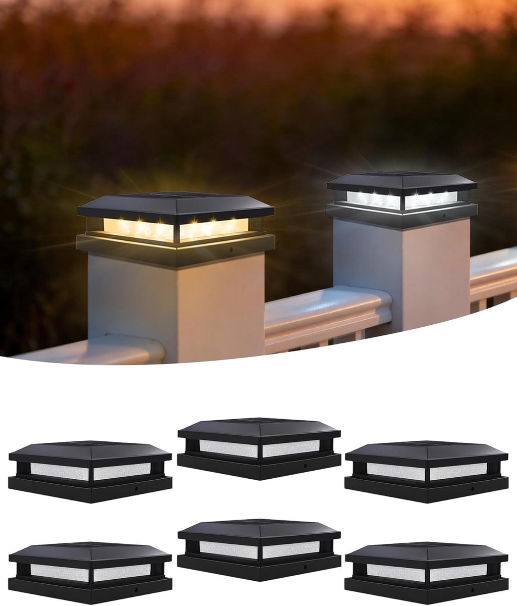 SnelShoppen - Solar Pole Cap 9x9/10x10/12x12 cm | 2-in-1 LED Tuinlampen | IP65 Waterdicht | Set van 6 voor Tuin, Hek, Patio | 3000K/6000K | Brandduur