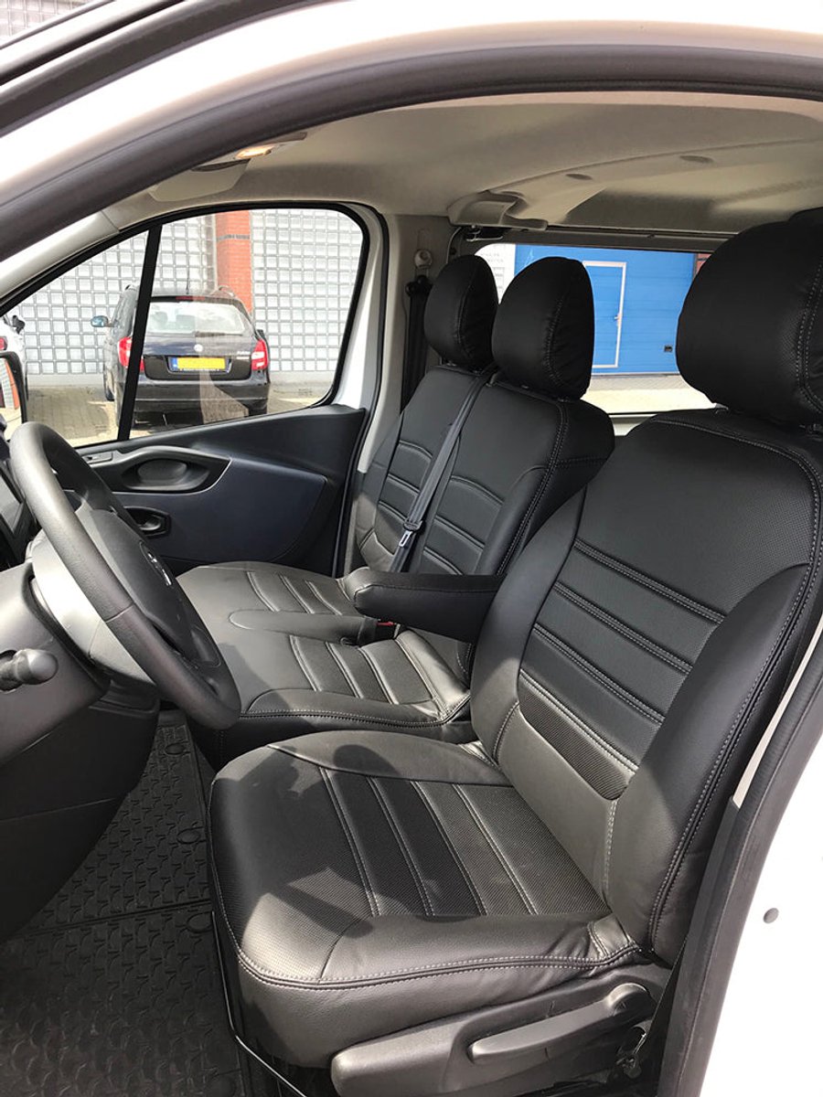 Pasvorm stoelhoezen Opel Vivaro B 2014-2019 (bijrijdersbank zonder split met 2 losse hoofdsteunen) - Kunstleer zwart