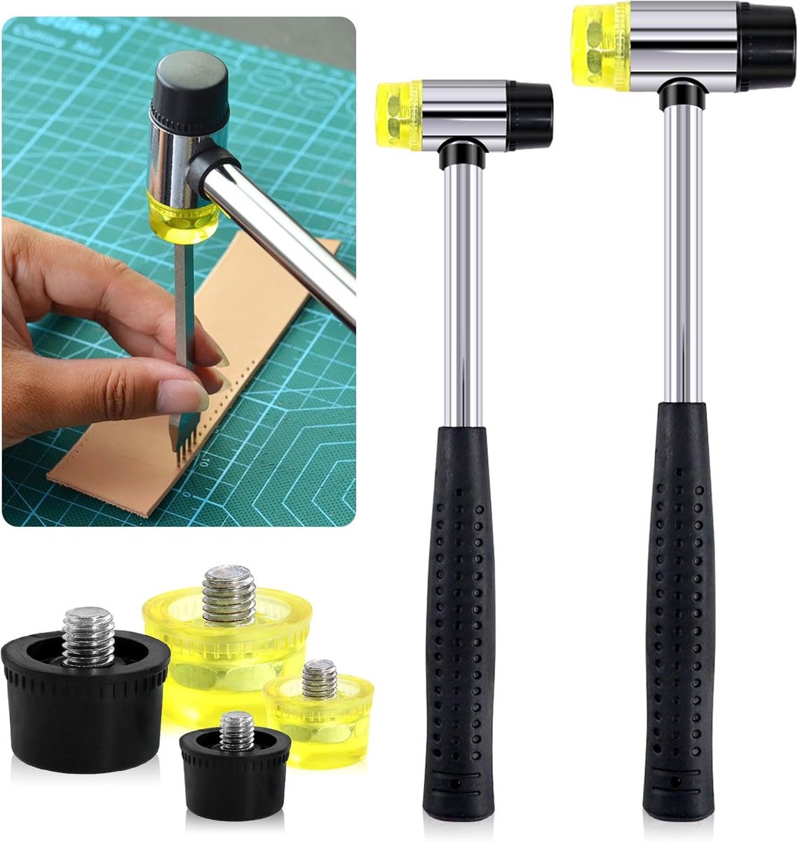 SnelShoppen - 2Pcs Dubbelzijdige Zachte Hamer 25mm/35mm met 4 Vervangende Koppen - Plastic en Rubber Hamer voor Leer, Horloges, Sieraden, Vloerinstall