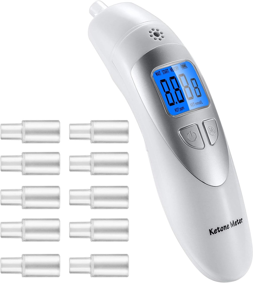 SnelShoppen - Ketone Breath Analyzer - Professionele Digitale Ketone Meter - Draagbare Adem Analyzer - Meet Ketose Status - 10 Mondstukken - Wit