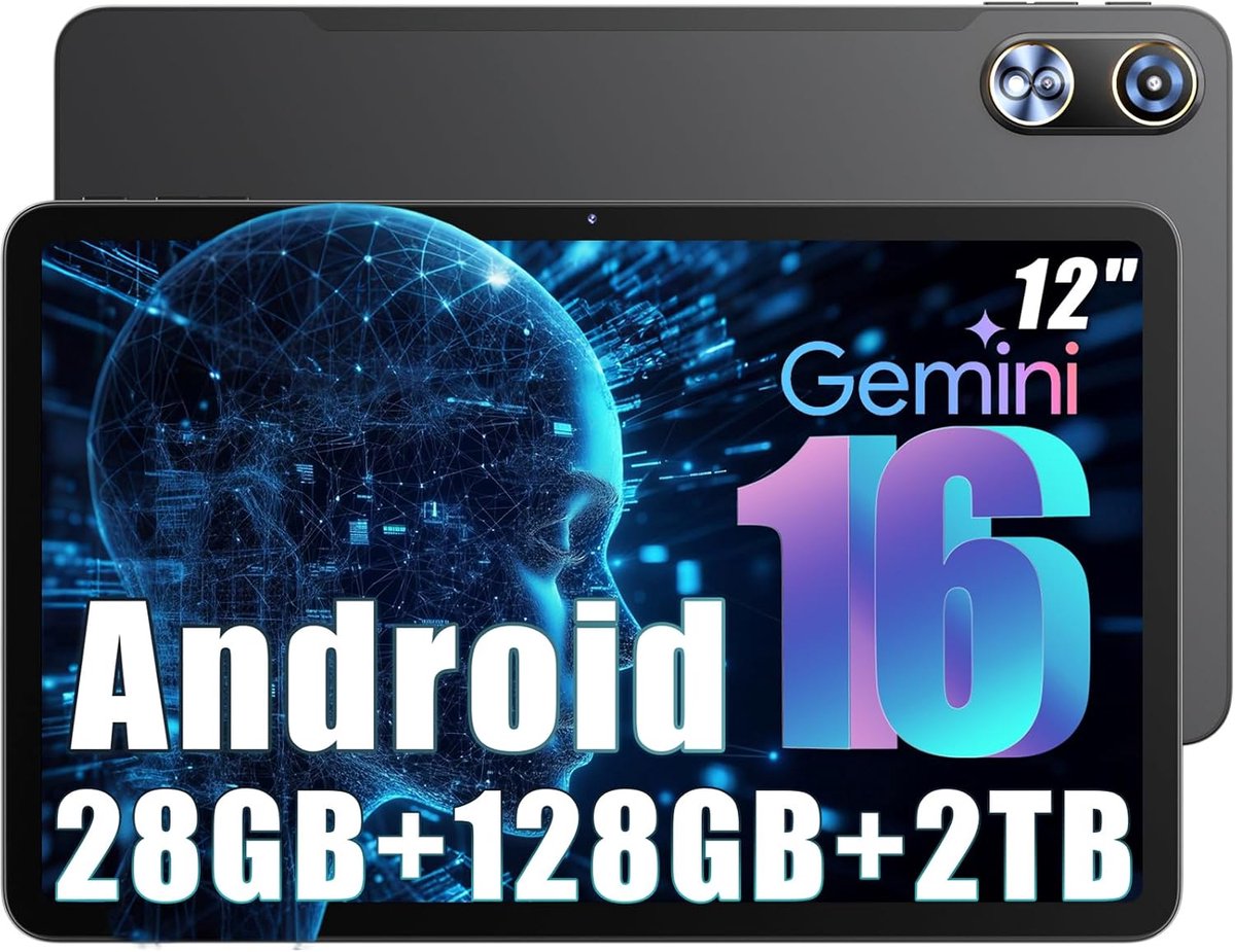 SnelShoppen - 12 Inch Android Tablet 2K Scherm, 16GB RAM + 128GB ROM, T615 Octa-Core, 16MP Dual Camera, 8000mAh, Dual-band WiFi, Face ID, GPS