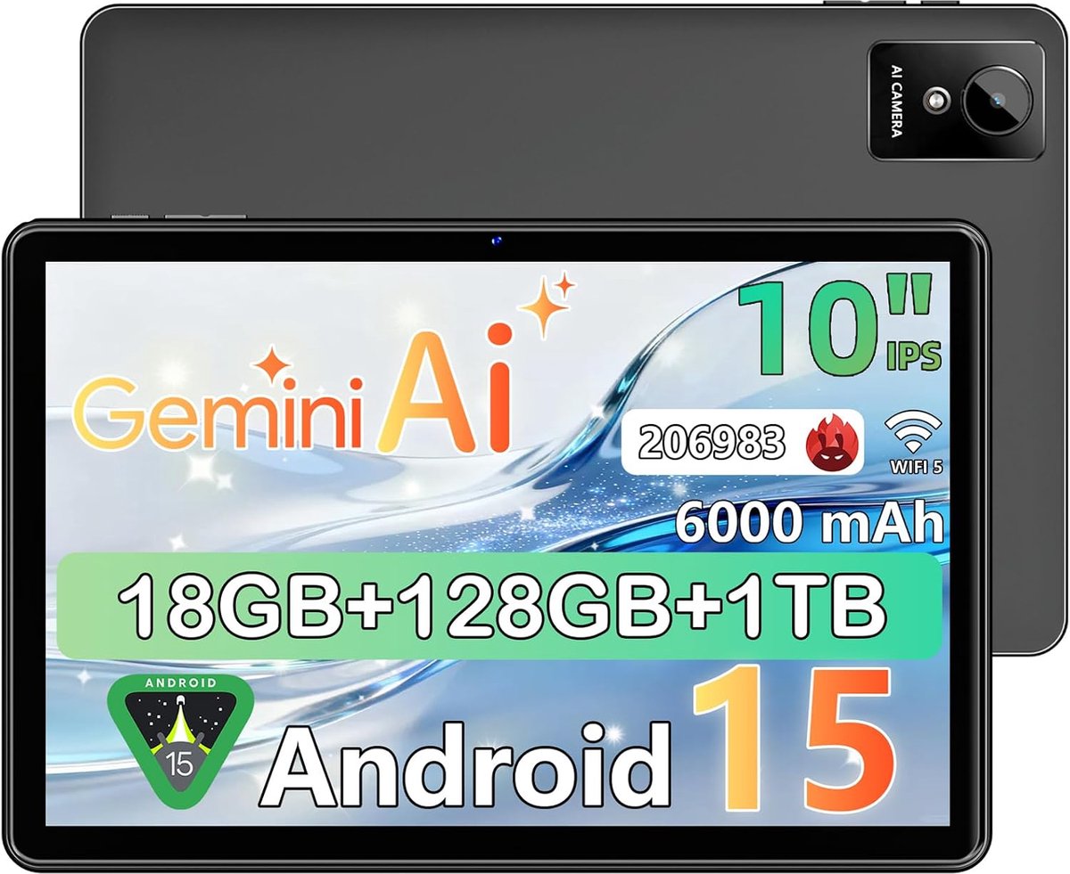 SnelShoppen - 10 Inch Android 15 Tablet - Octa-Core, 18GB RAM, 128GB ROM (1TB TF), IPS 1280x800, 5MP+8MP Camera, WiFi 5G, 6000mAh, Face ID, Google Cer