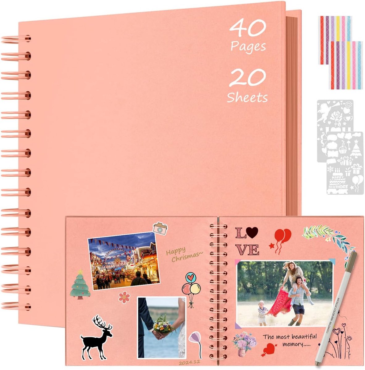 SnelShoppen - 21 x 21 cm DIY Spiral Album Photo Album Scrapbook met 40 Pagina's, Roze, Perfect voor Baby, Verjaardag, Valentijnsdag en Kerst