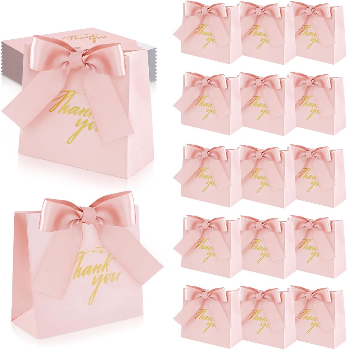 SnelShoppen - 24 Stuks Cadeauzakjes met Strik - Kleine Papieren Tasjes met Roze Zijde Ribbons - Voor Feest, Bruiloft, Verjaardag, Babyshower en Meer