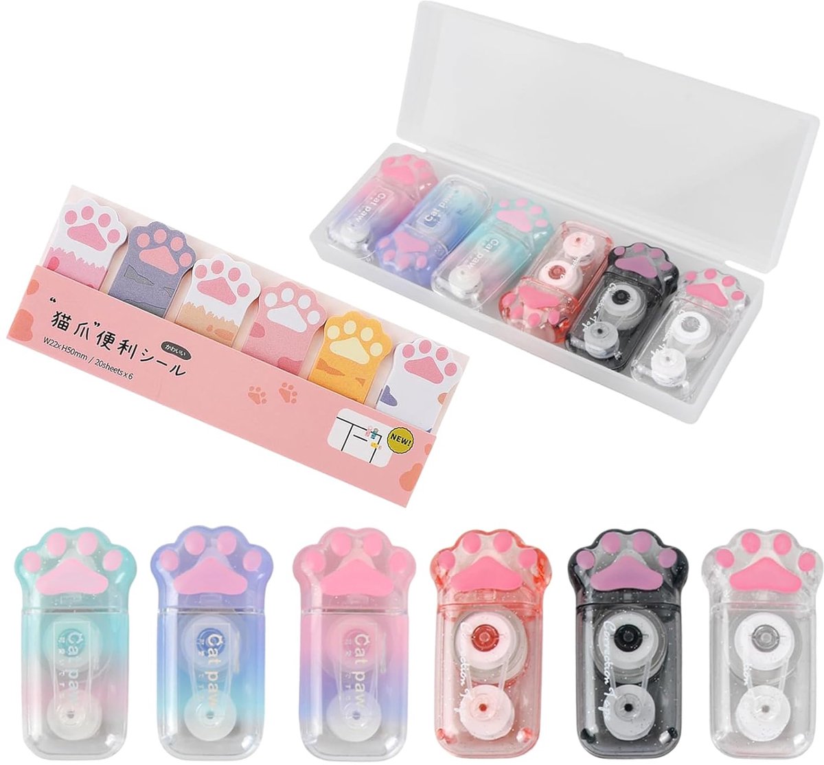 SnelShoppen - Kawaii Correction Tape Set van 6, Schattige Correctieroller voor Kinderen, 5 mm x 6 m, Cat Paw Design, Perfect voor School en Kantoor