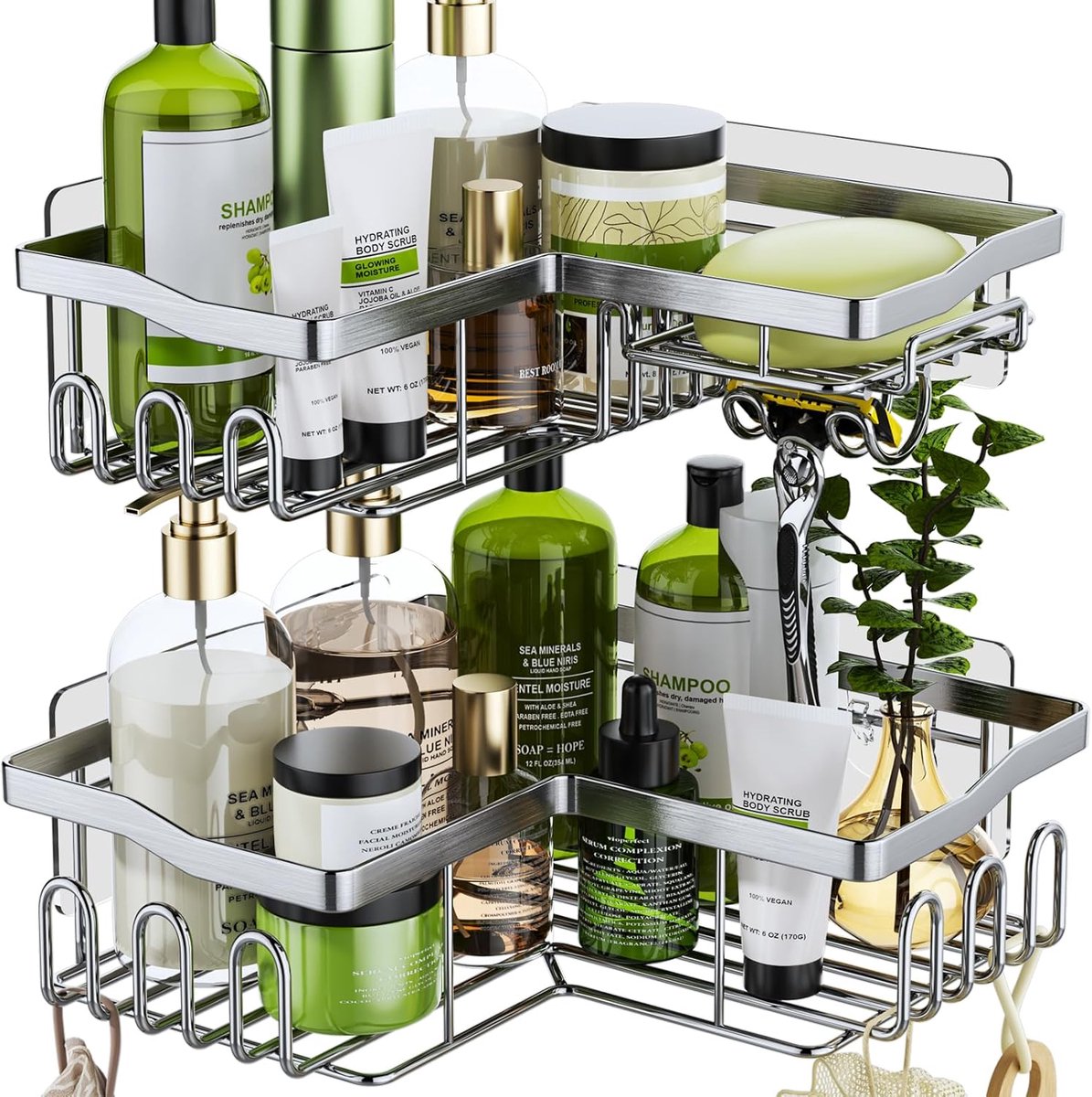 SnelShoppen - Hoekdouche Plank zonder Boren met 11 Haken, Zeepbak en Scheermes Houder - Roestvrij Staal, 2-Pack voor Badkamer, Keuken, Douche - Zelfkl