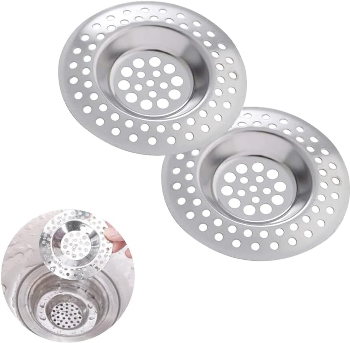 SnelShoppen - 2Pcs RVS Afvoerzeef Keuken Badkamer Haarvanger Douche Afvoerstopper Filter voor Keuken, Badkamer, 7cm - Roestvrij Staal