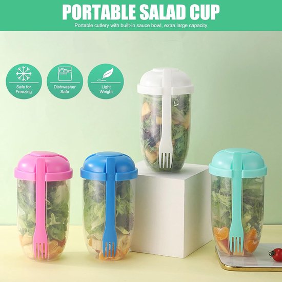 Yoghurt Beker voor Onderweg - 4 Pack Salad Cup met Dressing Container en Bestek - 1000ml Overnight Oats Beker - Herbruikbare Cruesli Beker to Go en Salade Lunchbox voor Kantoor en School-roze, mintgroen, wit, blauw — afbeelding 5
