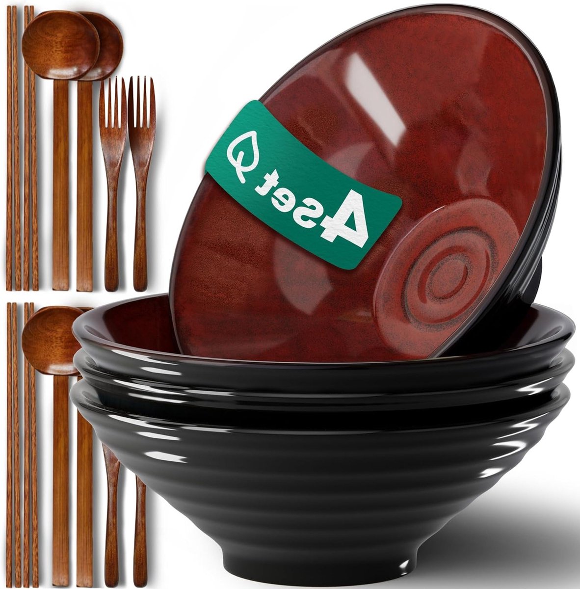 Set van 4 grote keramische saladeschalen van 20 cm - Vaatwasser- en magnetronbestendig met eetstokjes, vorken en lepels voor een stijlvol huiswarming cadeau