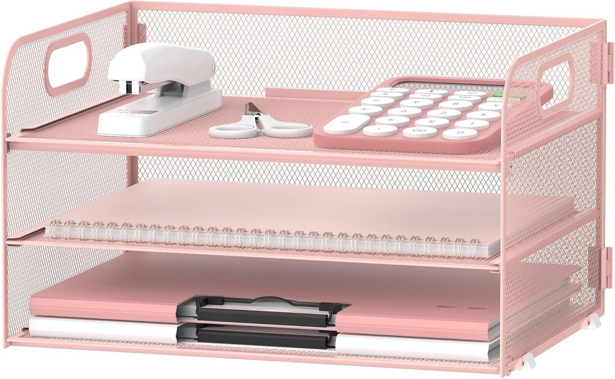3-laagse Papieren Organiser met Handvat, Mesh Bureau Organizer, Postvak en Bestandenhouder voor A4 Mappen, Roze, Ideaal voor Thuis en Kantoor