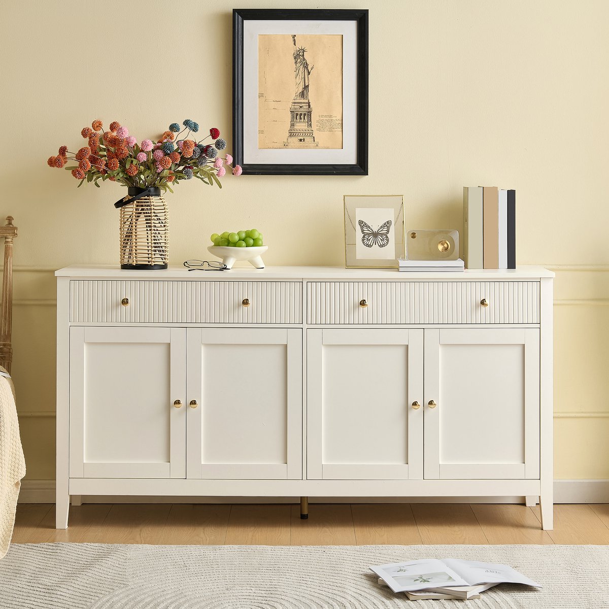 HAUSS SPOLE Dressoir - Wit MDF Met 2 Laden En 4 Deuren - Verstelbare Planken Voor Keuken En Woonkamer - 160x40x82 Cm