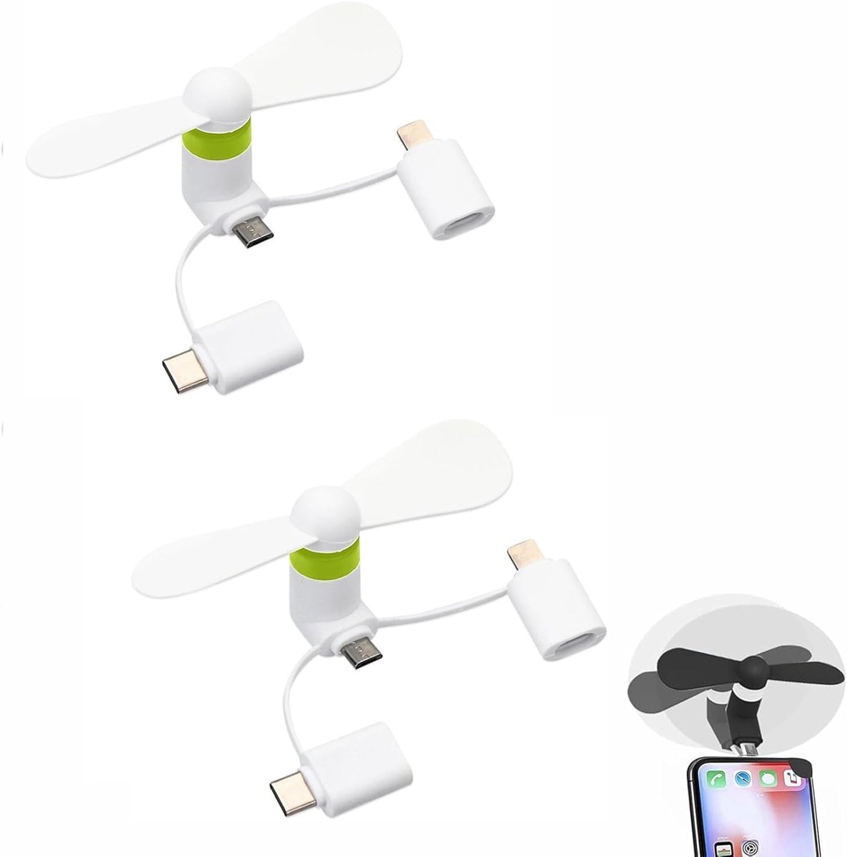 SnelShoppen - Mini USB Ventilator voor Mobiele Telefoon - Draagbare 3 in 1 Ventilator voor iPhone/Android/USB Type C - 2 Stuks - Wit