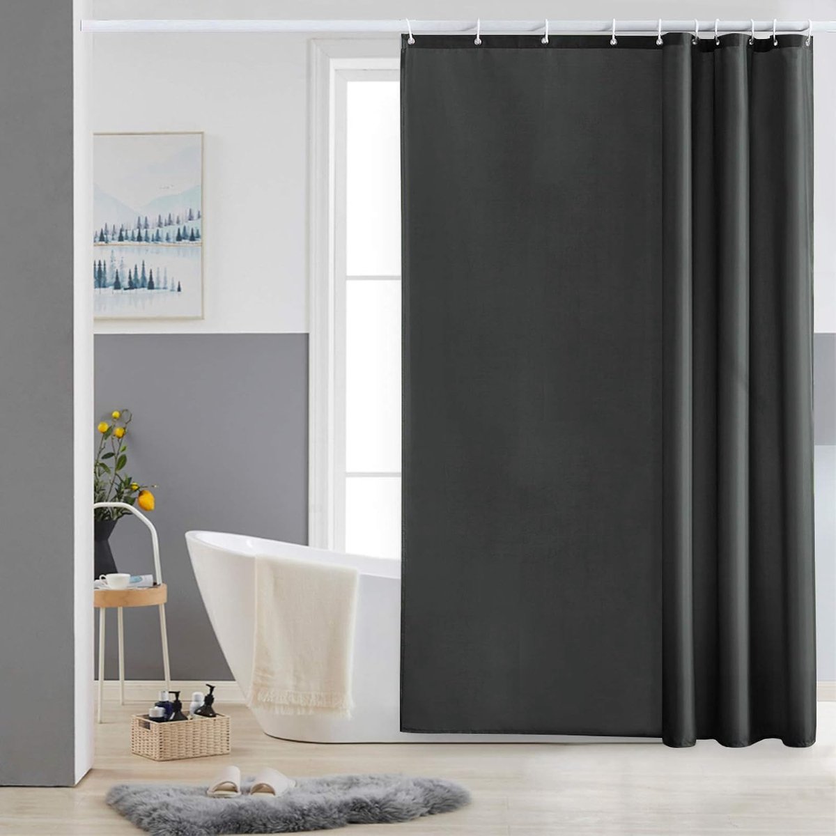 SnelShoppen - Kleine Douchegordijn Donkergrijs, Schimmelbestendig, Polyester, Waterdicht, Wasbaar, 150x200 cm, Inclusief 10 Haakjes voor Badkuip of Ba