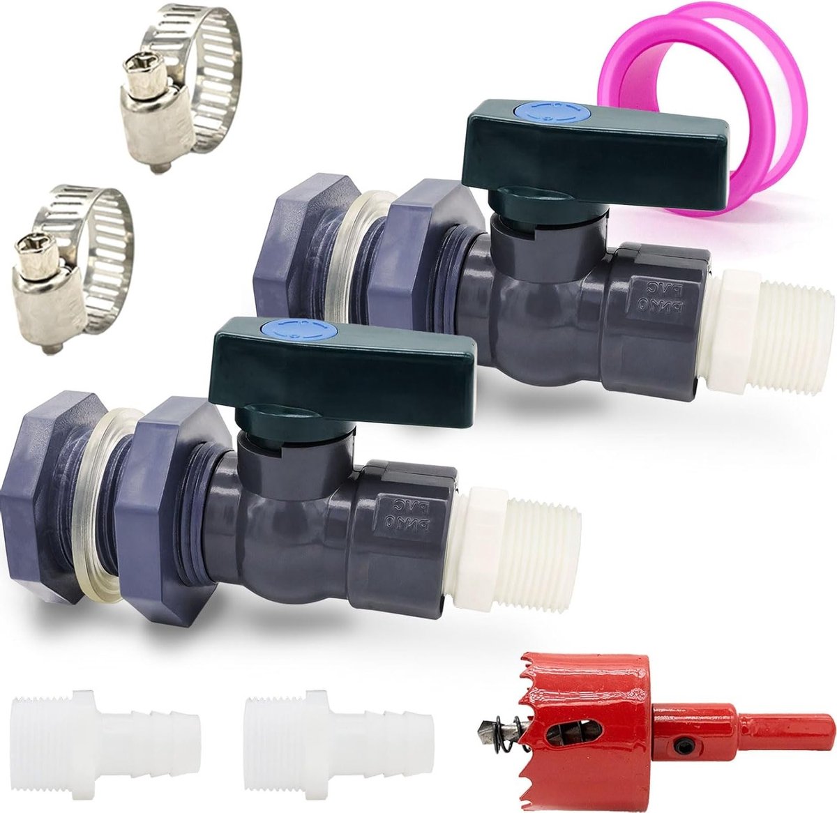 Set van 2 Regenwaterkranen, Waterafvoer voor PVC Regenbuis, met Bulkhead Aansluiting en Slangaansluiting voor Tuin, Aquarium en Vijvers