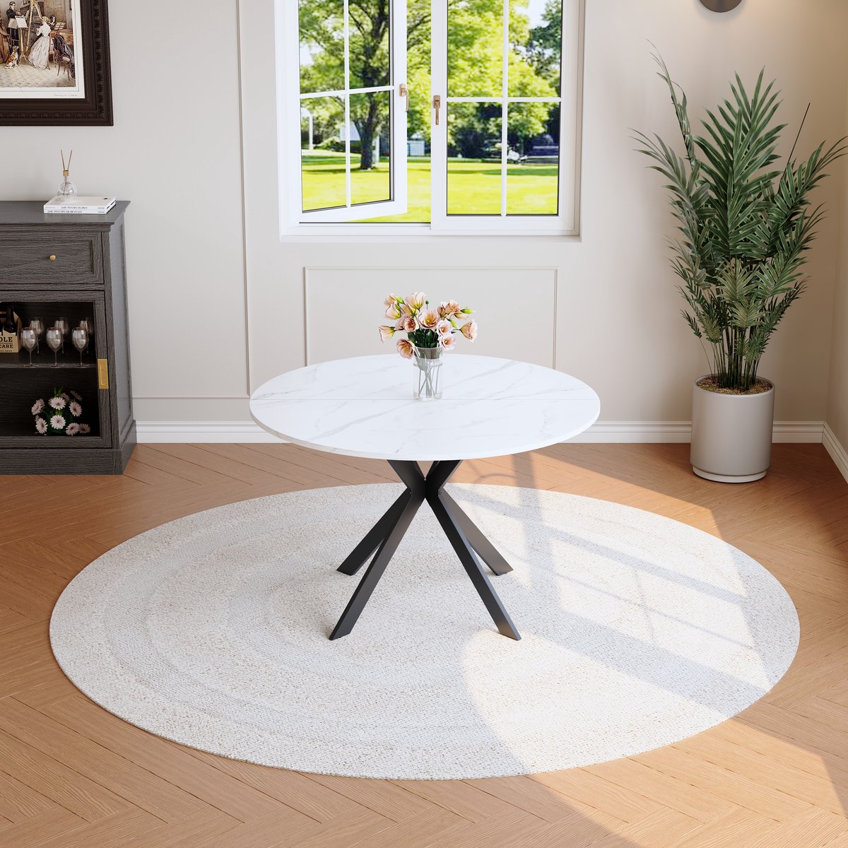 HAUSS SPOLE Eettafel - Ronde Tafel Met Witte Marmerlook - Voor Keuken, Eethoek En Woonkamer - MDF En Metaal - 110 x 75 Cm - Zwart Wit