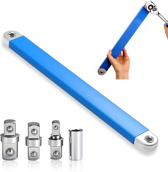Een blauwe, platte verlengsleutel met zilveren uiteinden en vier metalen adapters.