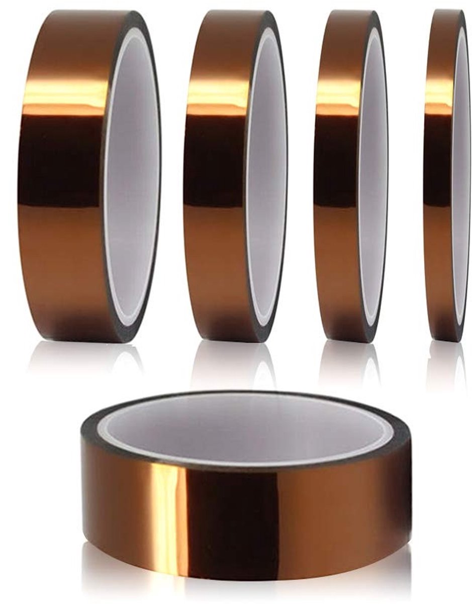 5-Pack Hittebestendige Tape, Hoge Temperatuur Tape, Kapton Tape, Polyimide Film, Meerdere Maten 3mm/6mm/8mm/12mm/25mm x 33m voor Elektronica en Hobbyprojecten