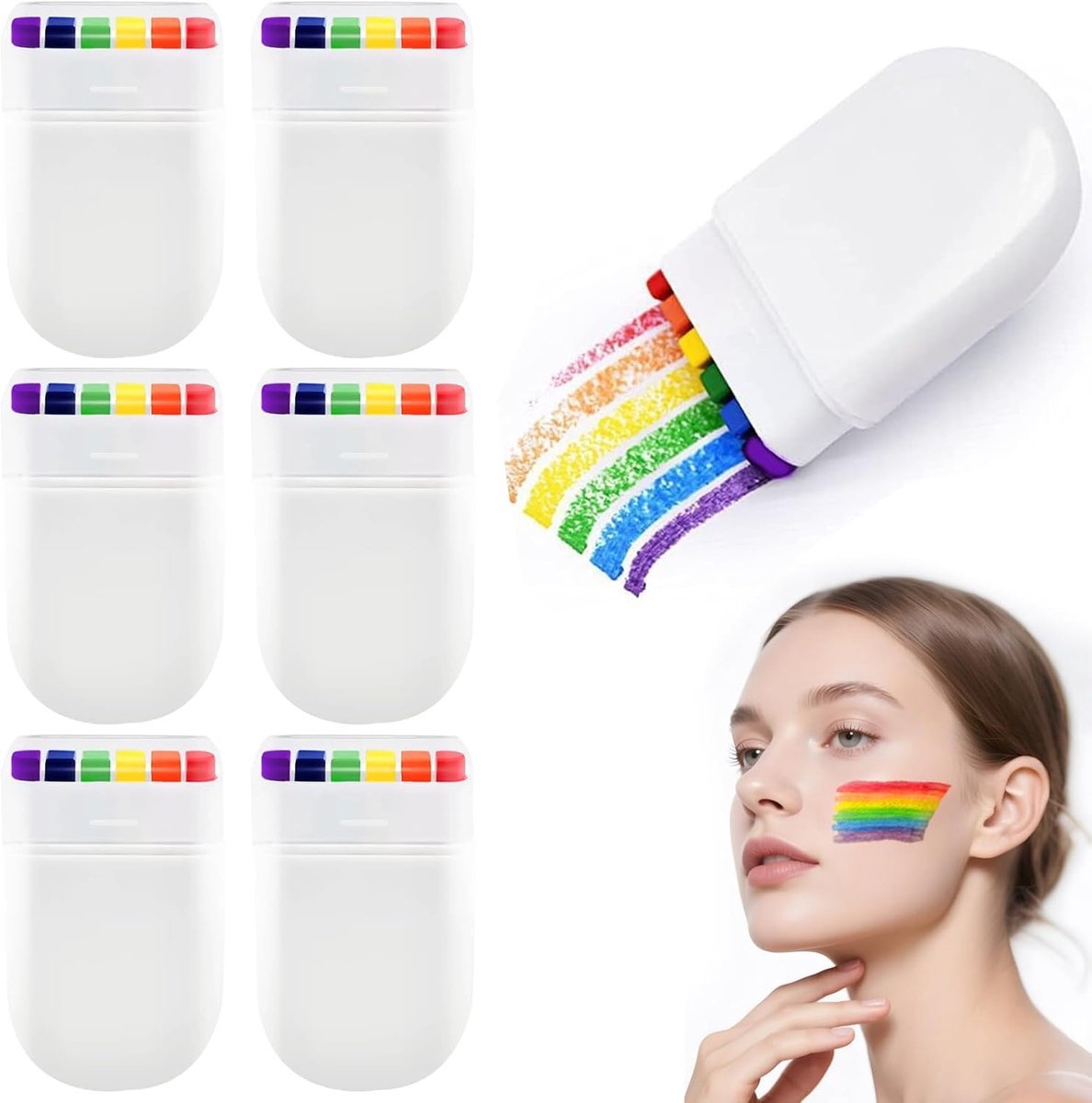 SnelShoppen - Pack van 6 Regenboog Make-up Potloden - Lipstick Pencils in Rood, Oranje, Geel, Groen, Blauw, Violet - Hooggepigmenteerde Kleuren voor F