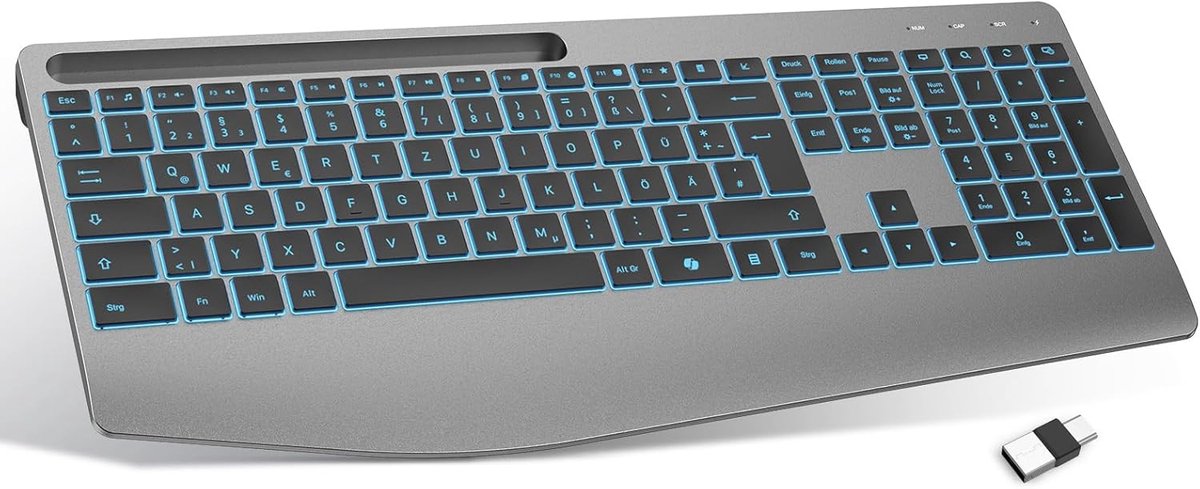 Thijox - Draadloos Toetsenbord met Polssteun, Ergonomisch QWERTZ, 2,4 GHz, Oplaadbaar, Stil, Achtergrondverlichting, Voor Windows, PC, Laptop, 10 Mete