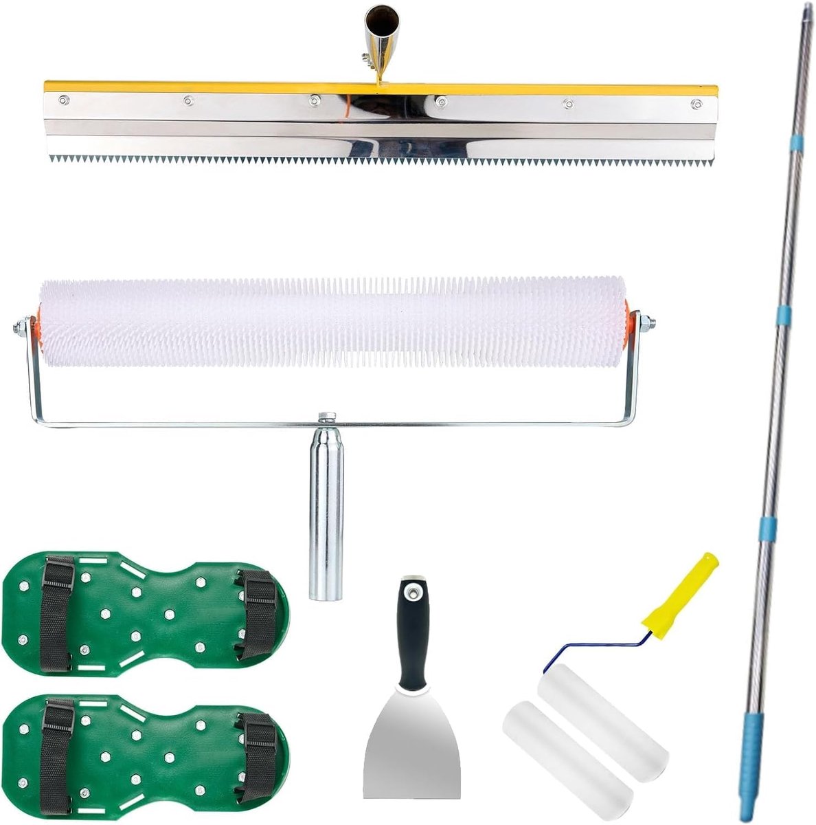 Thijox - Professionele set voor zelfnivellerend cement met ontgasserol, nagelschoenen, roestvrijstalen trekker en telescopische stang 162 cm, inclusie
