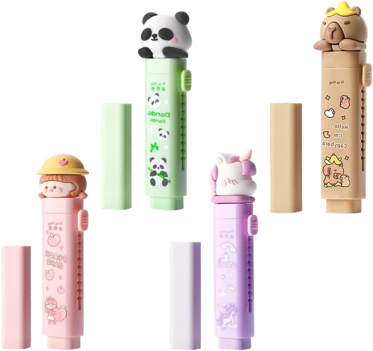 Schattige Gum met Uittrekbare Navullingen - Eenhoorn, Panda en Capybara - Perfect voor Kinderen en Studenten, Ideaal voor School en Kantoorbenodigdheden