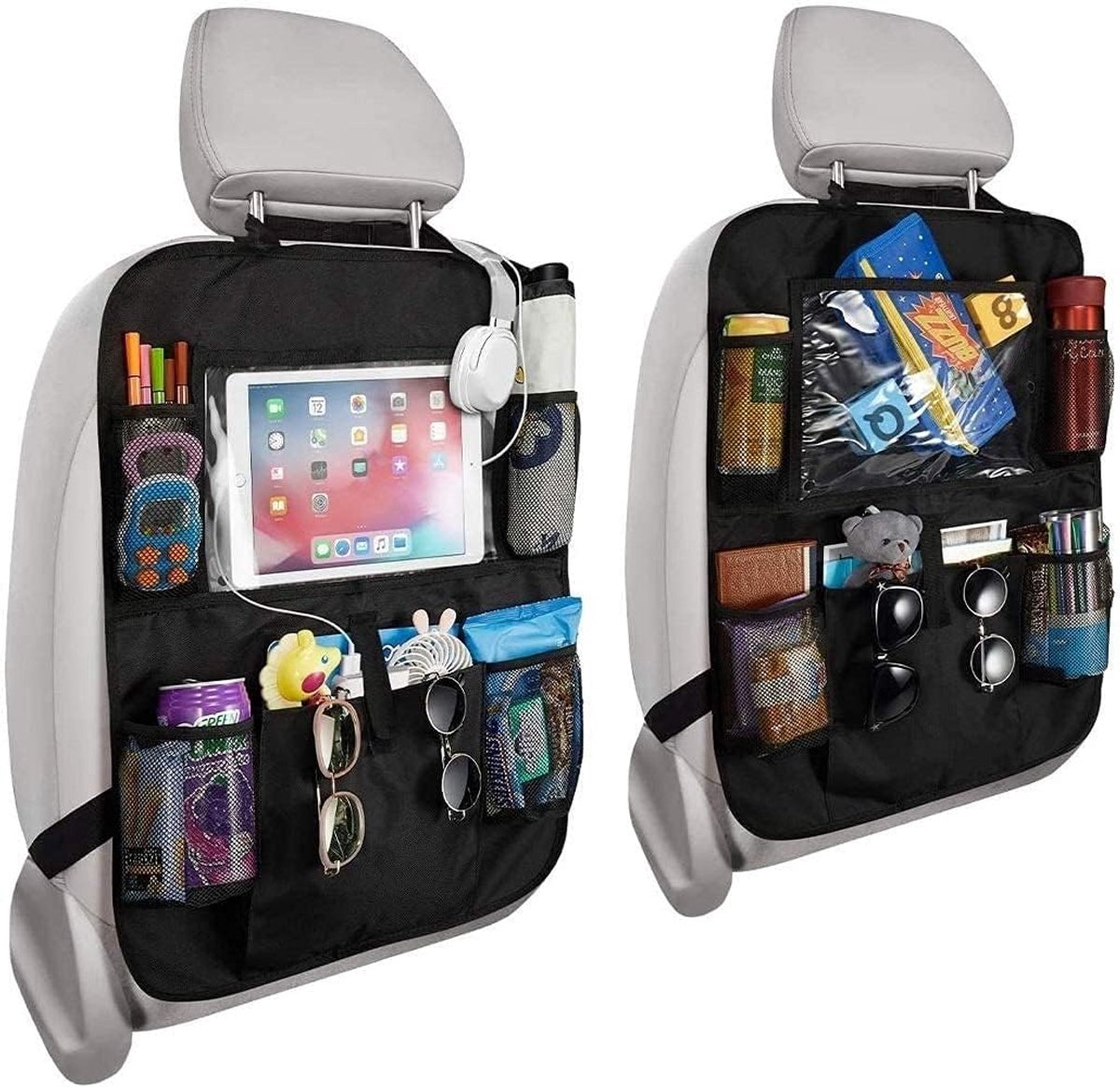 Thijox - Auto Achterbank Organiser 2 Packs met Kick Mats, Beschermers voor Voorstoelen, 10.1 inch iPad Houder, Multi Zakken voor Kinderen, Speelgoed e
