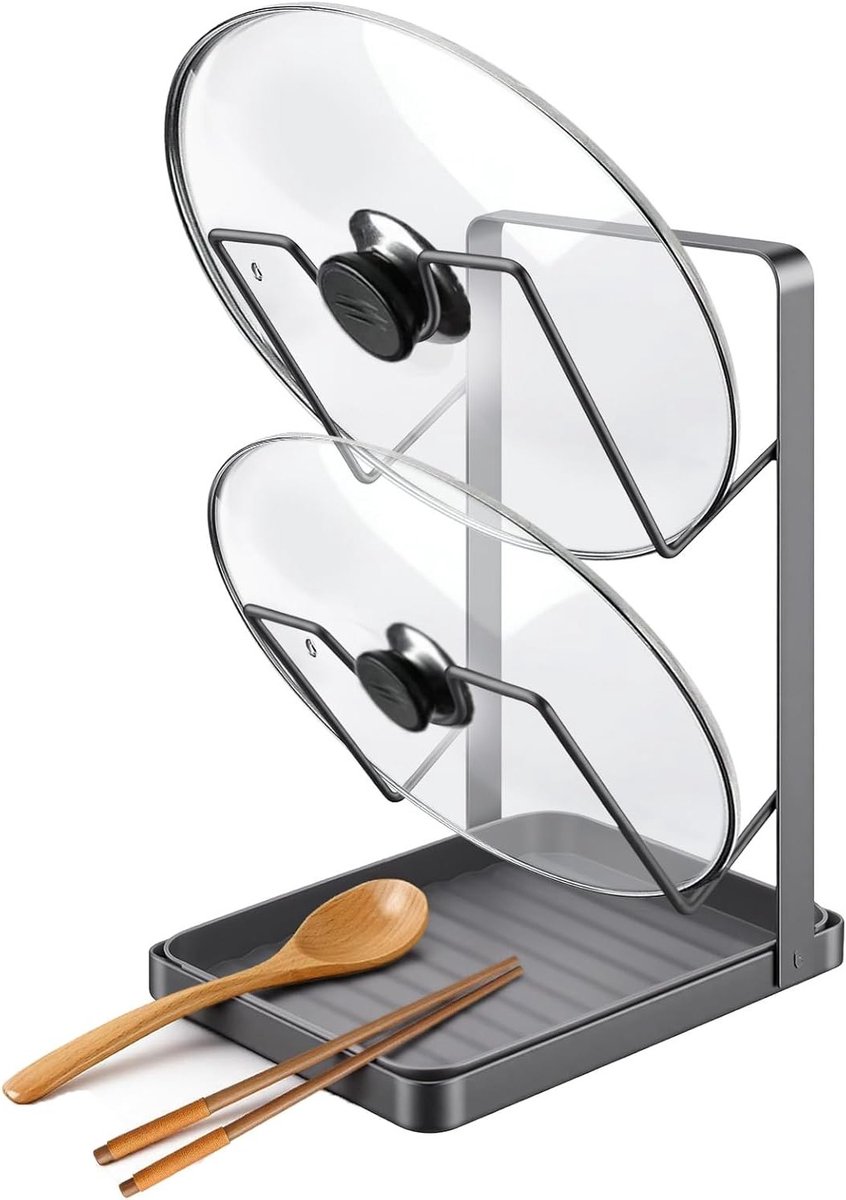 Opbergrek Keuken - Dekselhouder - Keuken Organiseren - Met Lekbak - 22.5 x 18.2 cm - Grijs