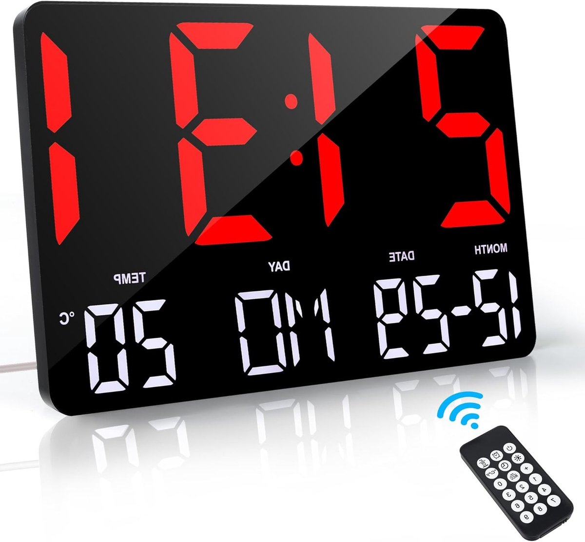 Grote Digitale Wandklok met LED Display, Afstandsbediening, Temperatuurweergave, Kalender en Alarmfunctie voor Slaapkamer, Woonkamer en Keuken, Rood