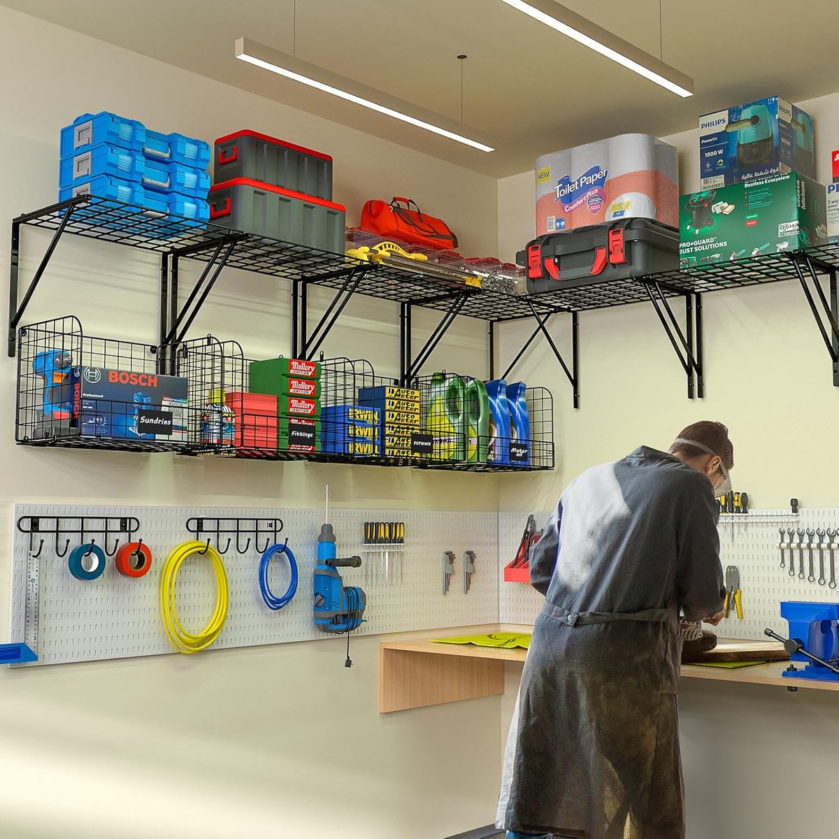 SnelShoppen - Set van 2 Garage Planken - Wandgemonteerde Heavy Duty Garage Racks met Draadmanden en Haken voor Thuis, Tuin, Garage - Opslag en Organis