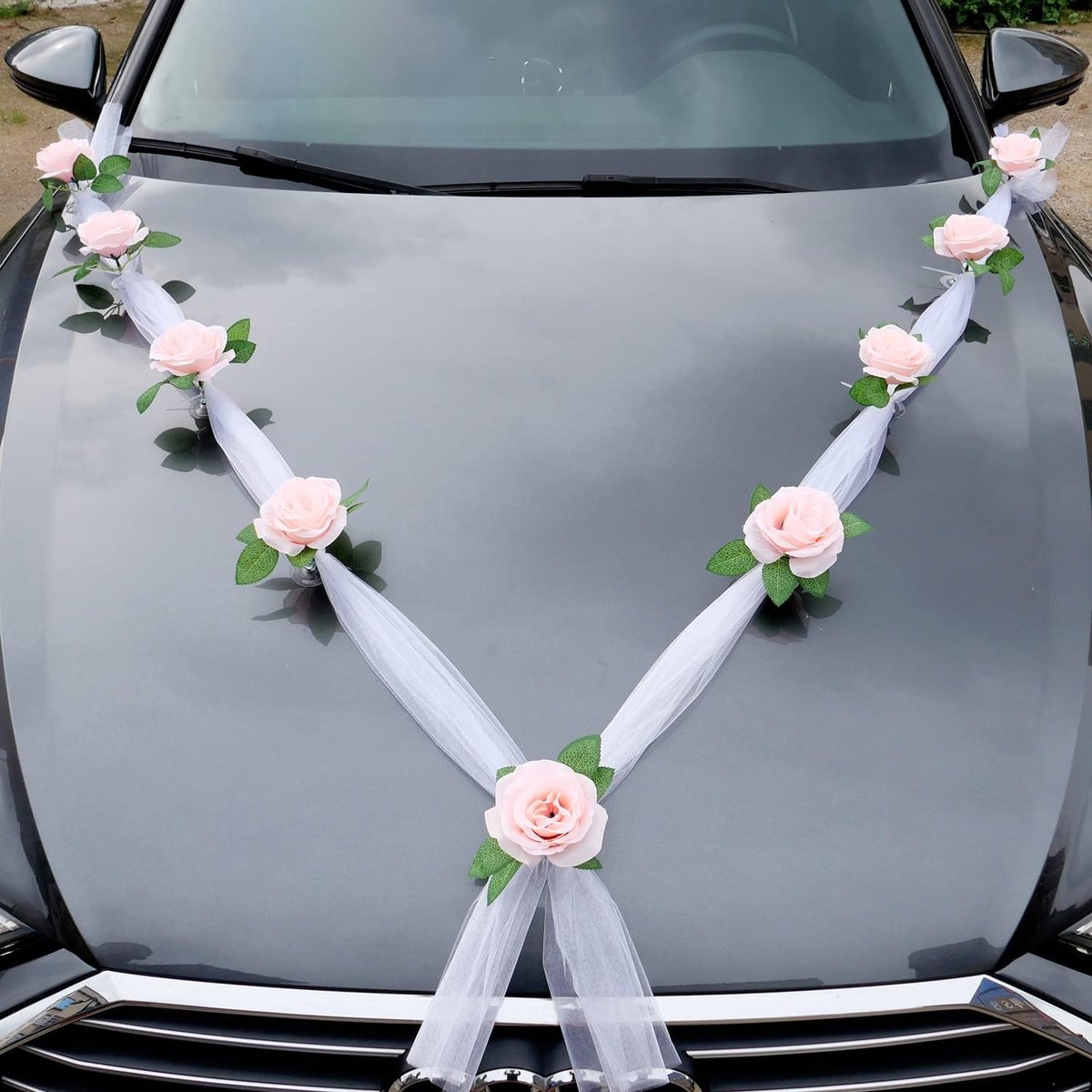 SnelShoppen - Car Decoration Set voor Bruiloft, Rozen Versiering, Tulle en Zijde, Herbruikbaar met Suction Cups, Champagne Roze, Ideaal voor Trouwauto