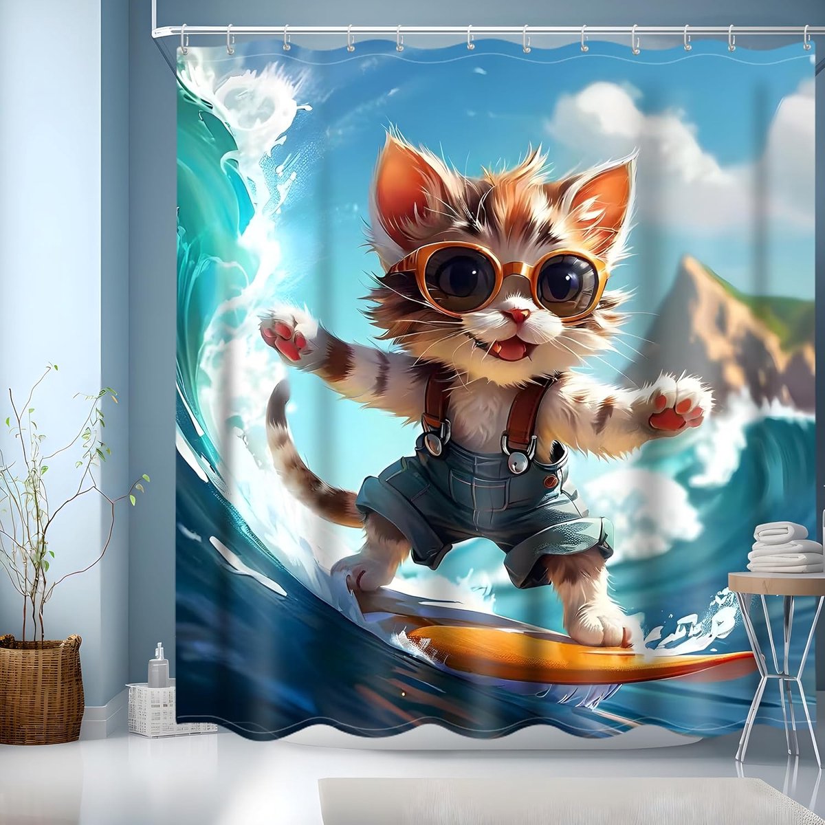 SnelShoppen - Funny Cat Douchegordijn 180x200cm, Schattig Cartoon Badgordijn, Zeewater Golf Badgordijn, Polyester Waterdicht Douchegordijnen voor Kind