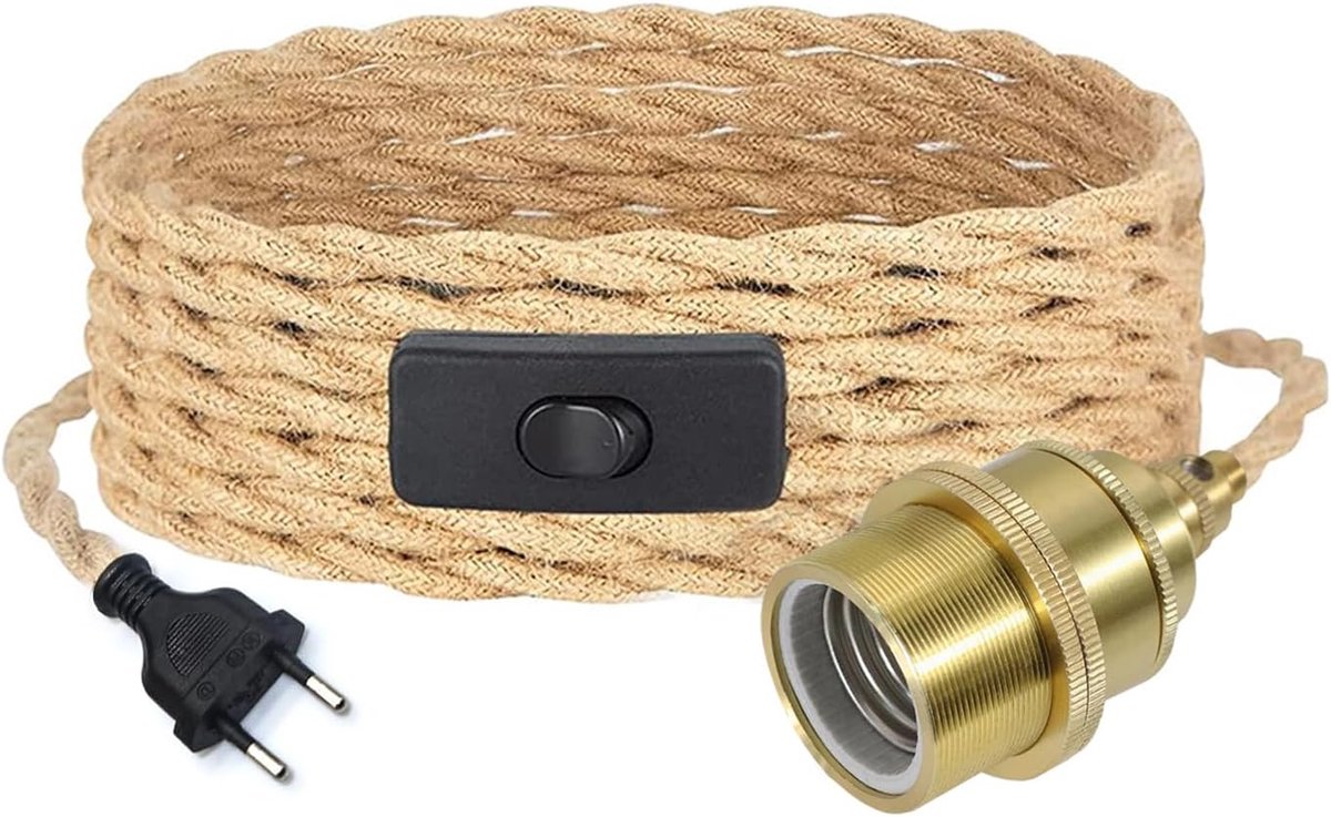 SnelShoppen - Vintage Hemp Rope Pendant Light Gold met Fitting, 5m Textiel Kabel met E27 Socket en Schakelaar voor Dining Room en Bedroom, Industrieel