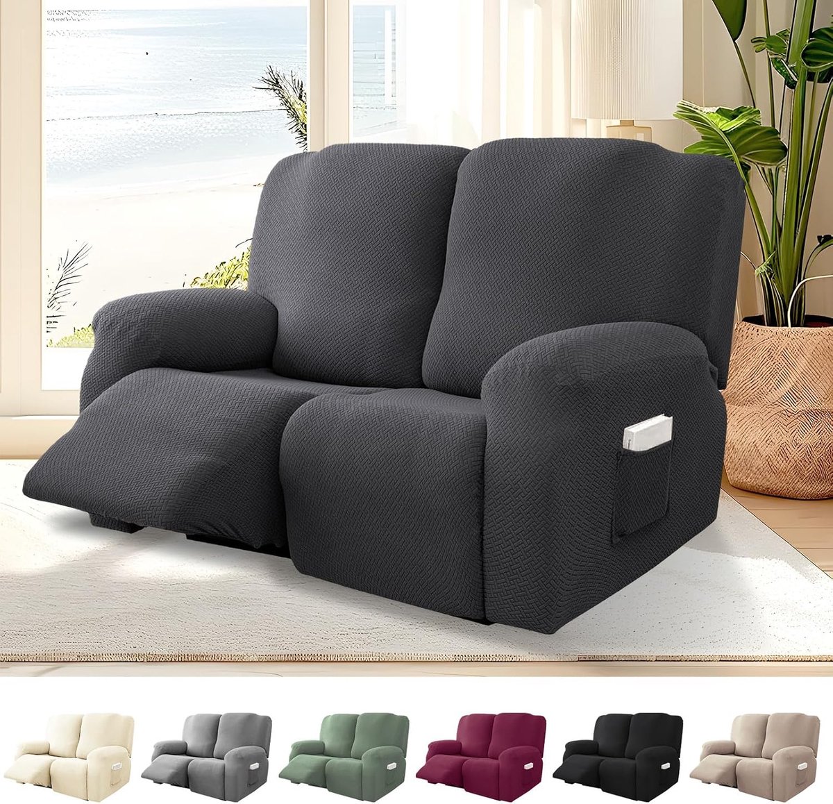 SnelShoppen - 6 delige Recliner Cover Stretch Sofa Cover voor Relax Fauteuil, Wasbare Stoelhoes met Pocket, Donkergrijs, Geschikt voor Zetel en TV Rel