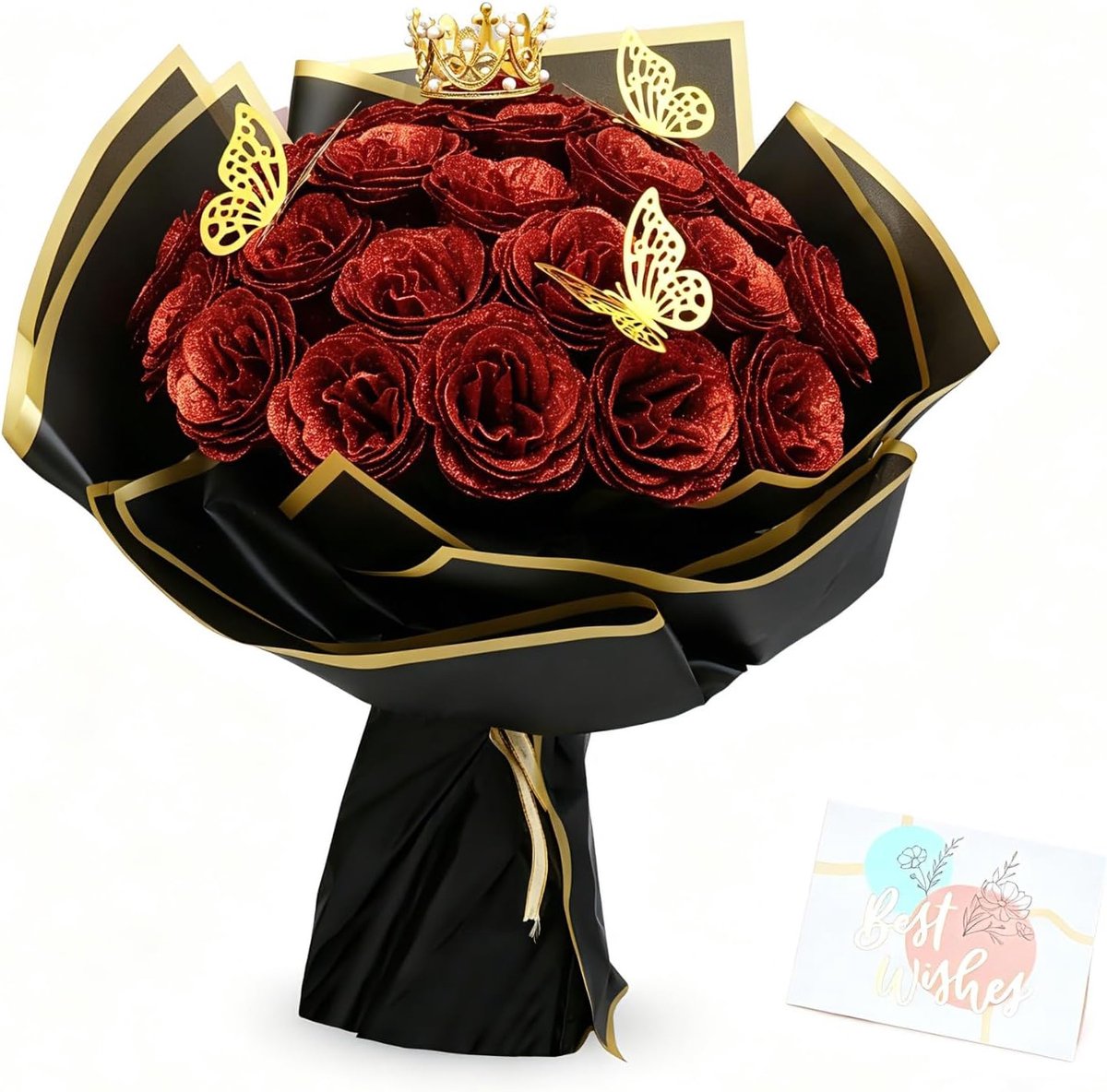 SnelShoppen - 26 Stuks Kunstmatige Rozen DIY Glitter Bloemen Boeket - Kunstbloemen voor Trouwen, Verjaardag, Moederdag, Geschenk - Rood met Decoraties