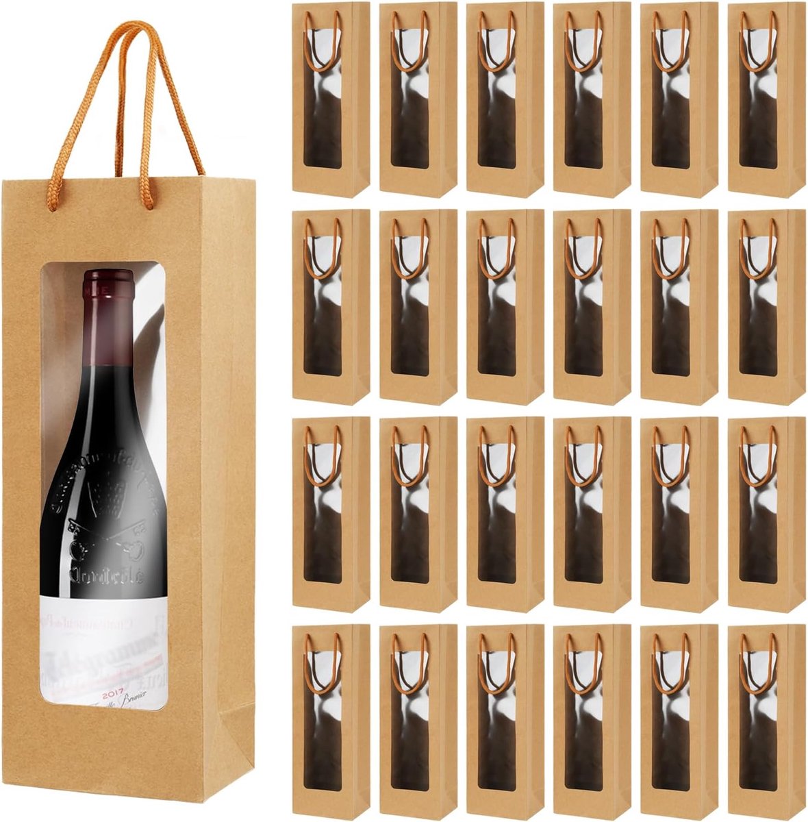 SnelShoppen - 24 Stuks Wijntassen van Kraftpapier met Transparant Venster - Herbruikbare Cadeautasjes voor Wijnflessen met Handgrepen - Perfect voor V