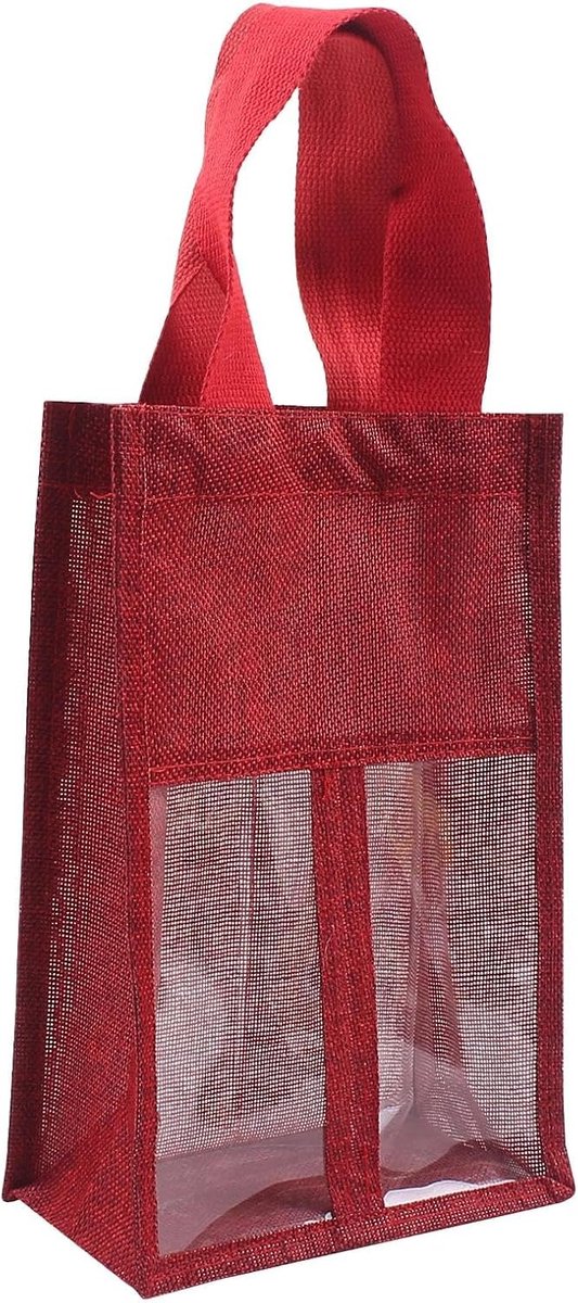 SnelShoppen - Dubbele Rode Wijntas met Venster - Jute Wijnfles Geschenktas met Doorzichtig Venster en Trekkoord - Herbruikbare Rustieke Wijndrager voo