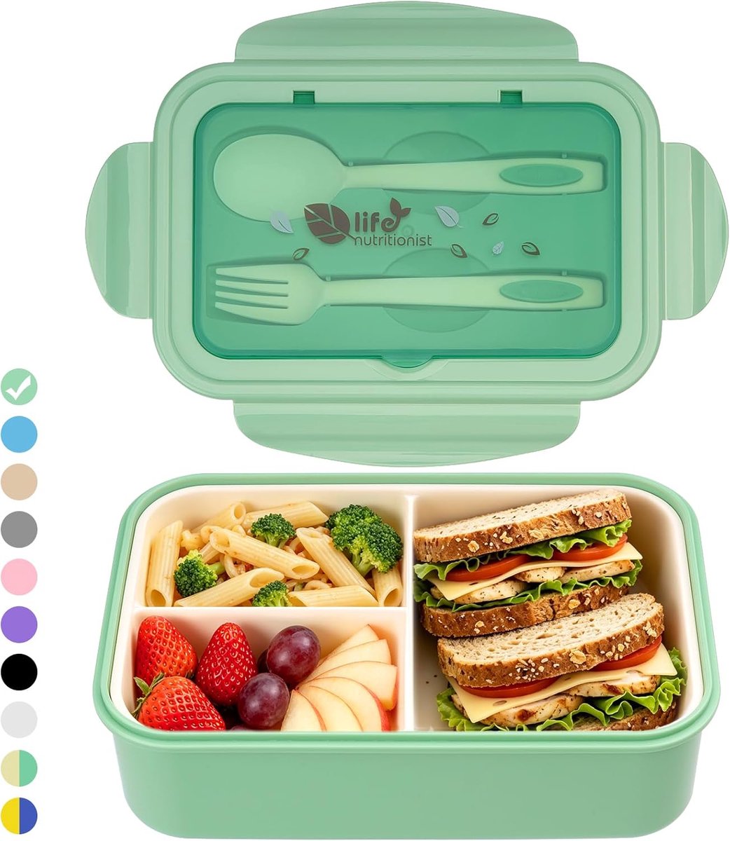 SnelShoppen - Grote Lekvrije Lunch Box 1400ml voor Volwassenen, 3 Compartimenten & Bestek, Magnetronbestendig voor School, Werk, Picknick en Kinderen