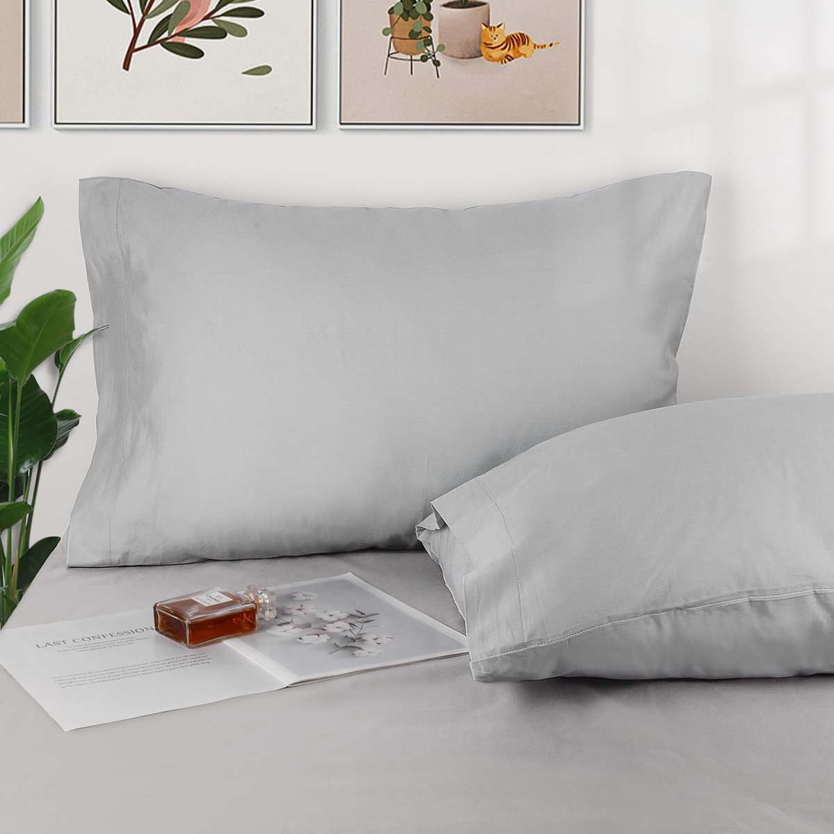 SnelShoppen - 2-Pack Kussenhoezen 100% Katoen 300 Draad Ademend Sloop 40 x 80 cm Lichtgrijs voor Comfortabel Slapen en Styling