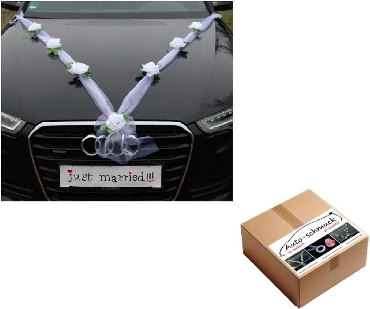 SnelShoppen - Organza M Auto Decoratie Bruidspaar Rozen Versiering Witte Garland voor Huwelijk Auto - Handgemaakt, Pure Wit, 2 Stuks