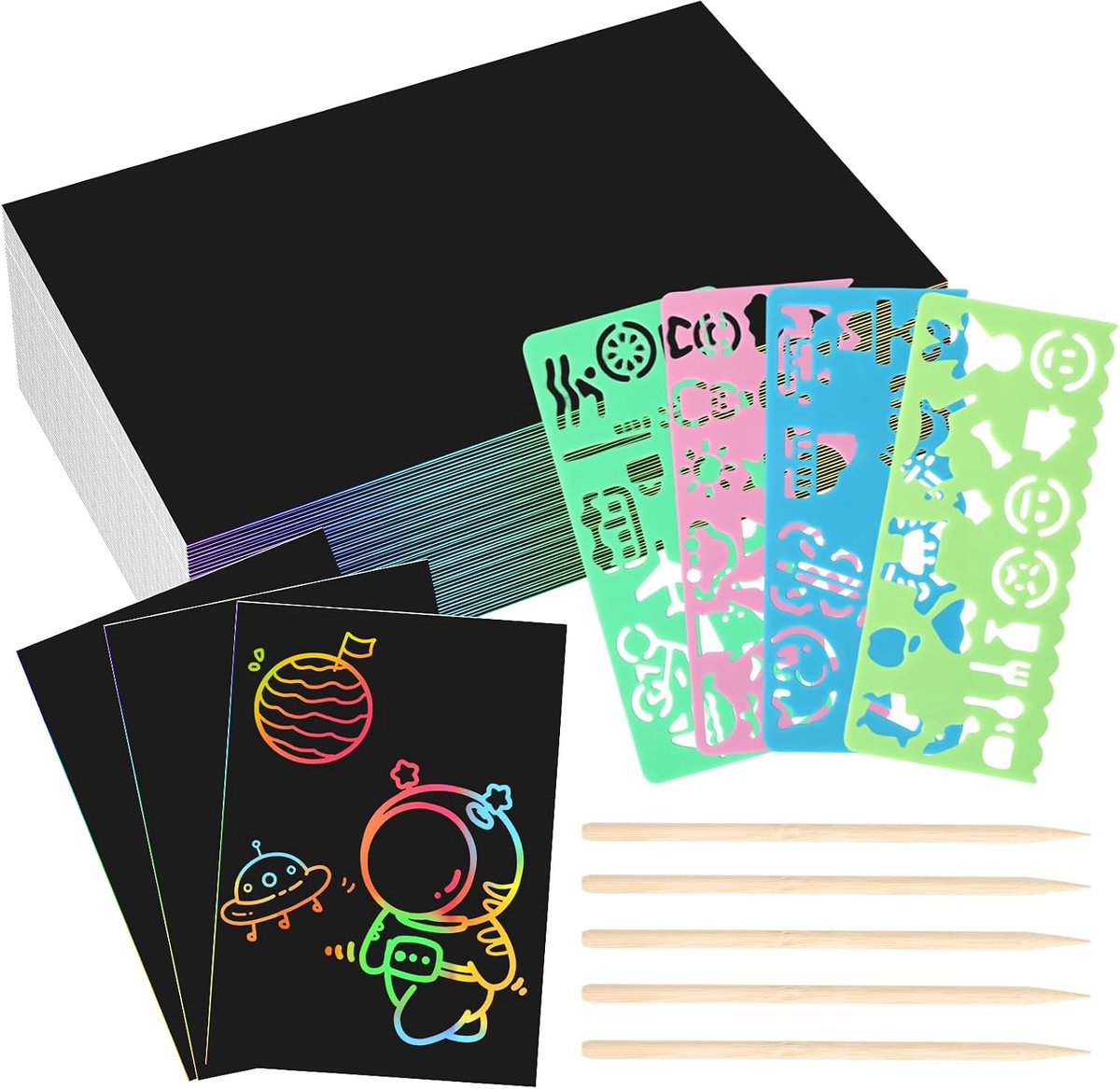 SnelShoppen - Krasafbeeldingen voor kinderen - 60 vellen regenboogkraspapier - 4 sjablonen - 5 bamboestiften - Creatieve set voor kinderen van 4-12 ja