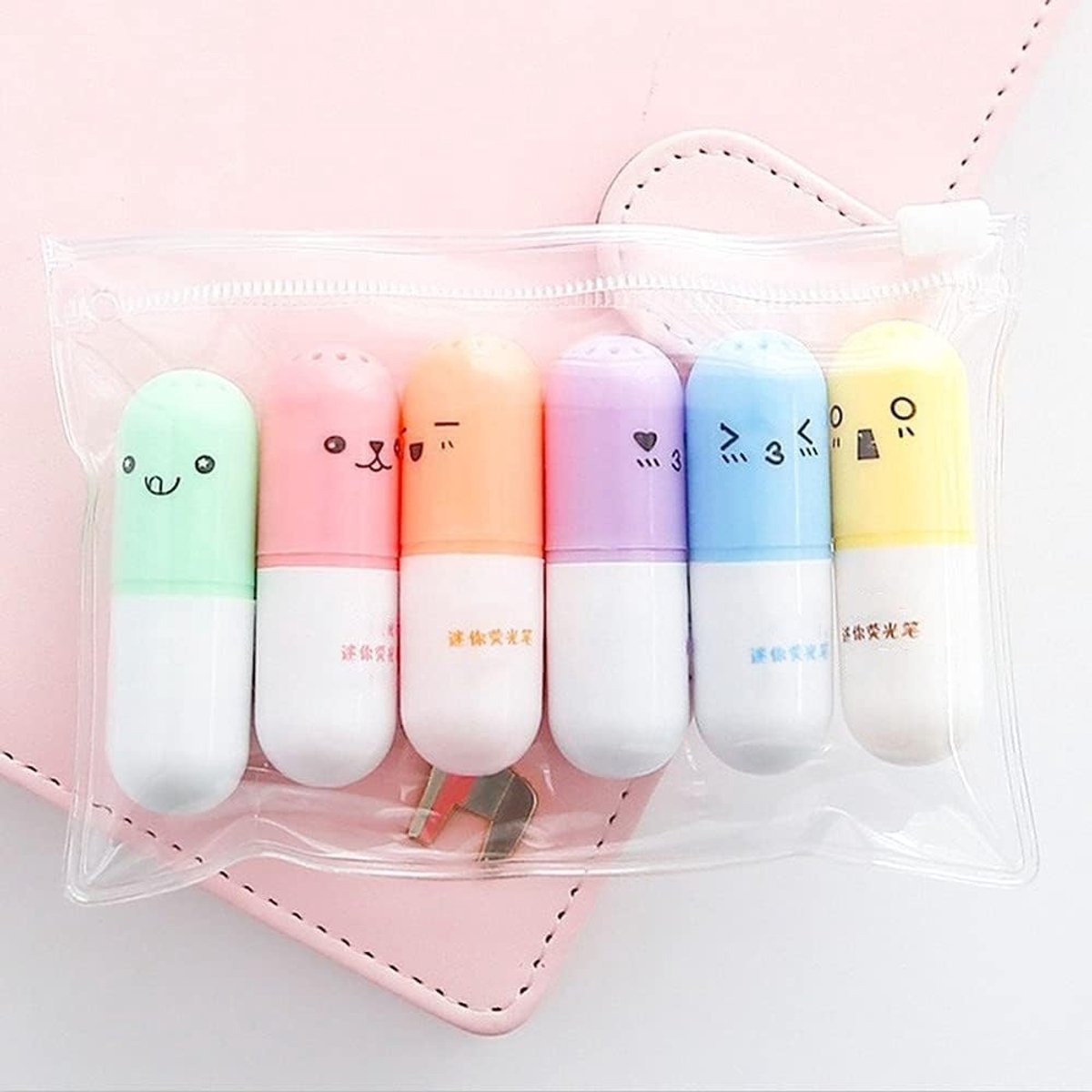 SnelShoppen - 6 Pcs Schattige Mini Smiling Text Markers, Kawaii Cartoon Highlighters, Duurzame en Praktische School- en Kantoorbenodigdheden, Leuke Ve