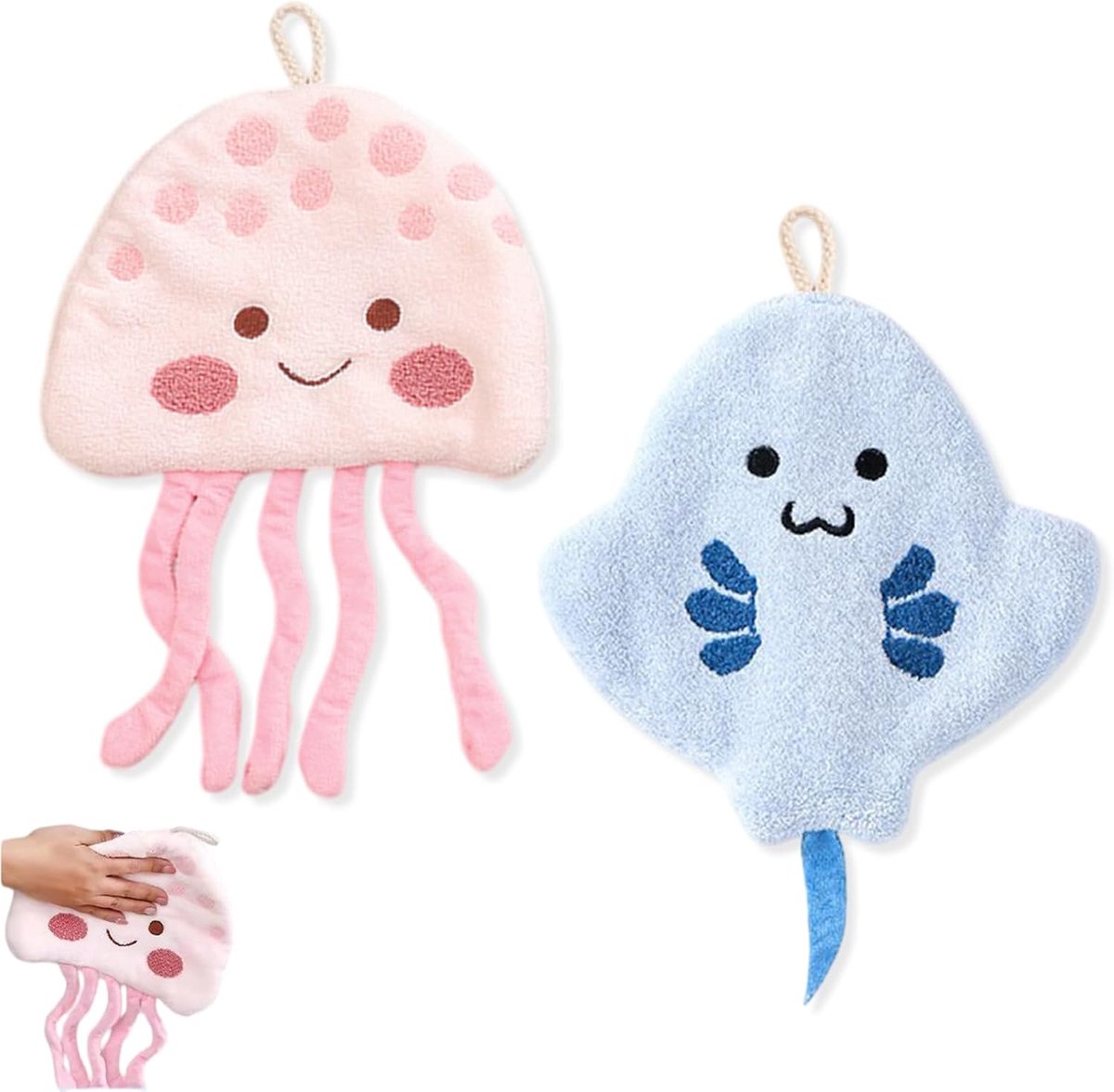 SnelShoppen - 2 Stuks Kindertowels, Keukenhanddoeken, Absorberende Droogdoeken, Zachte Coral Fleece Handdoeken met Octopus en Medusa Motief voor Kinde