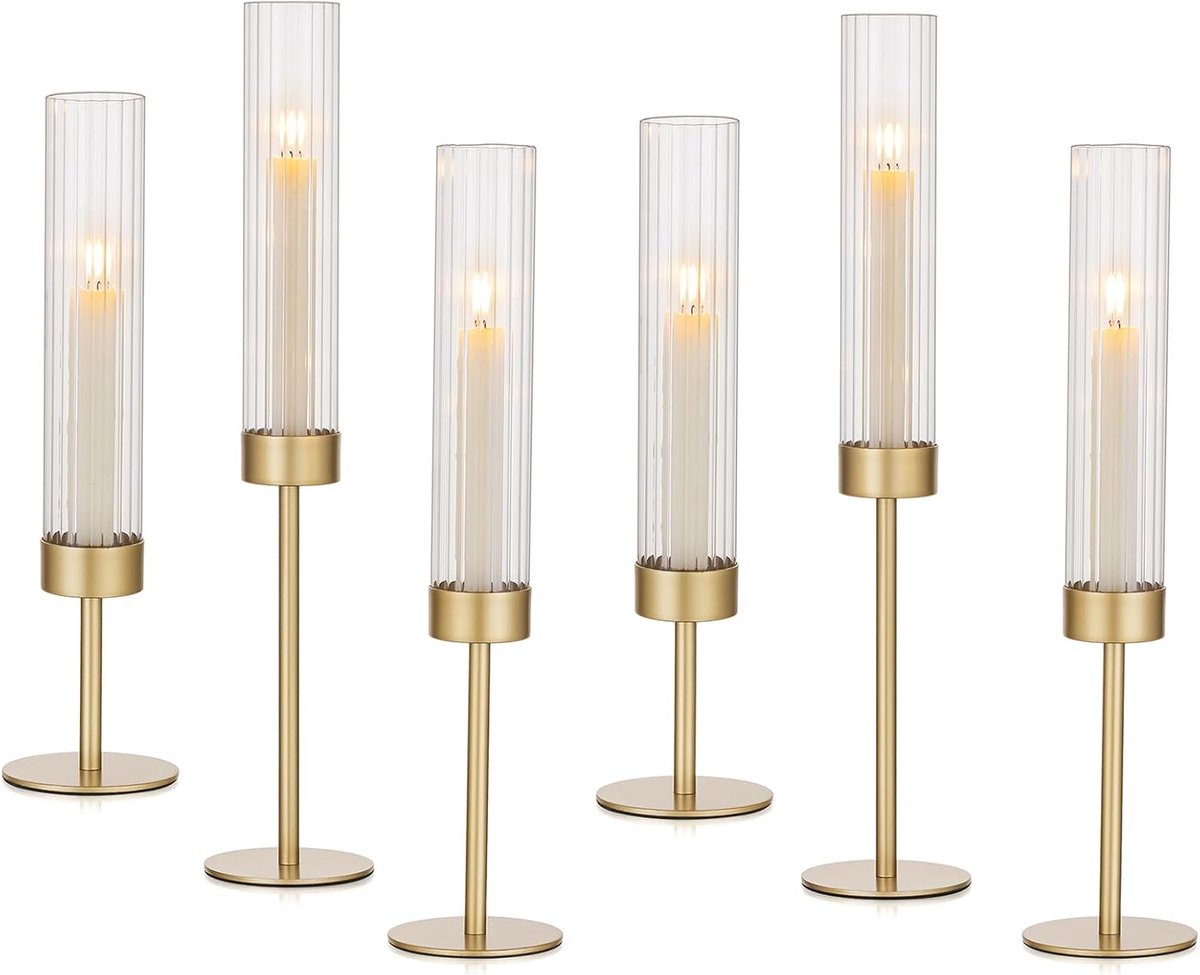 Thijox - Set van 6 Gouden Gecanneleerde Kaarsenhouders voor Taps Toelopende Kaarsen - Hoge Orkaankandelaars voor Bruiloft, Diner, Kerstdecoraties, Rob