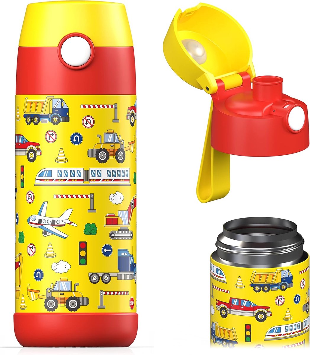 Thijox - Kinderdrinkfles 350 ml Roestvrij Staal BPA-vrij Lekvrij met Chug-deksel voor School en Kleuterschool - Voertuigen Design