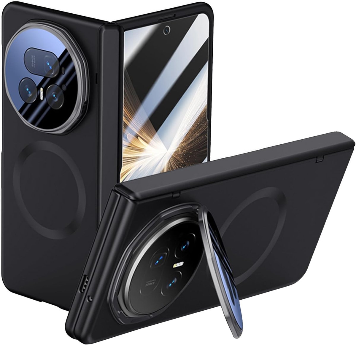 SnelShoppen - Ultra Dunne Fitudoos Case voor Honor Magic V5 - Schokbestendig met Staander en Gehard Glas Screen Protector - Zwart