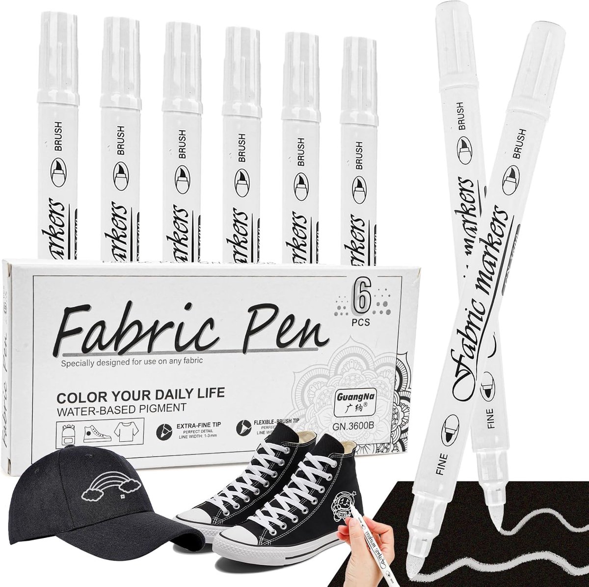 SnelShoppen - Set van 6 Witte Textielstiften, Machinewasbare Dubbelzijdige Textielmarkers met Zachte Punt, Perfect voor T-Shirts, Hoeden, Zeilen, Scho